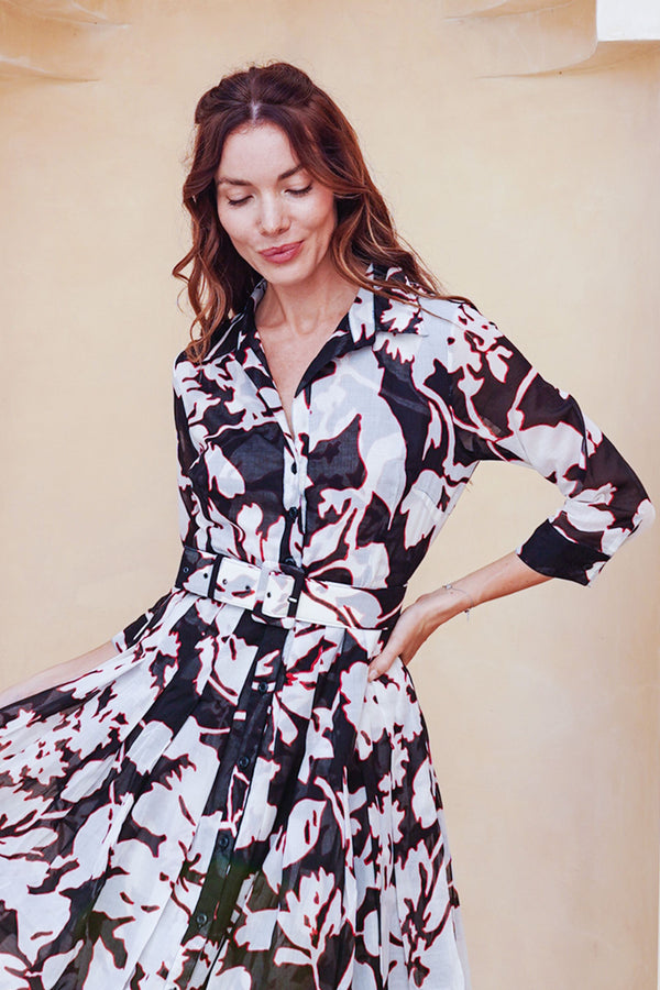 Audrey Dress #4 Shirt Collar 3/4 Sleeve Midi Length Cotton Musola (Hemingway Flower Ground)