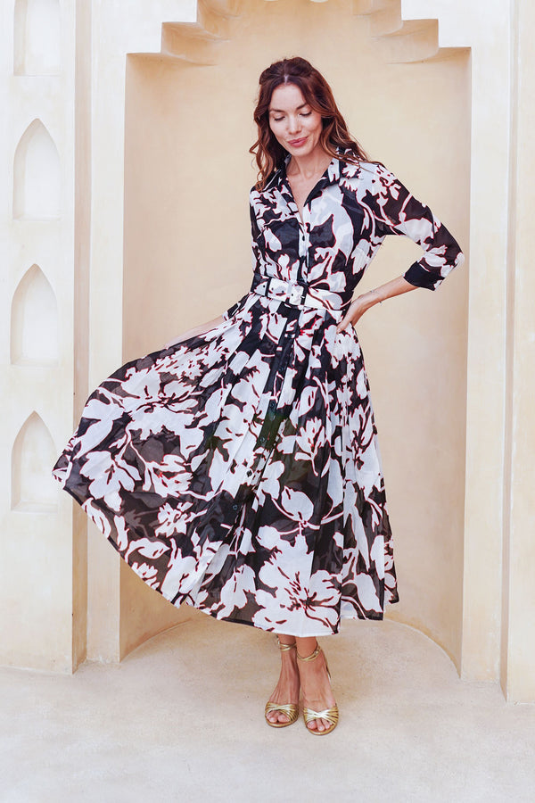 Audrey Dress #4 Shirt Collar 3/4 Sleeve Midi Length Cotton Musola (Hemingway Flower Ground)