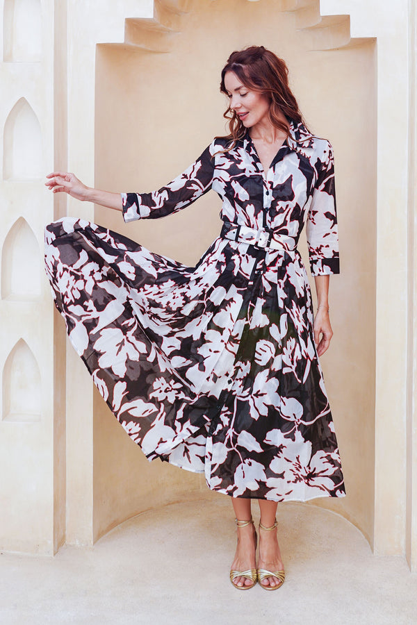 Audrey Dress #4 Shirt Collar 3/4 Sleeve Midi Length Cotton Musola (Hemingway Flower Ground)