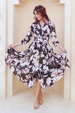 Audrey Dress #4 Shirt Collar 3/4 Sleeve Midi Length Cotton Musola (Hemingway Flower Ground)