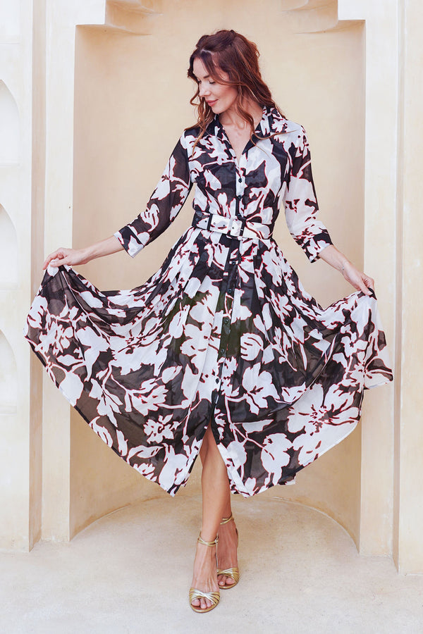 Audrey Dress #4 Shirt Collar 3/4 Sleeve Midi Length Cotton Musola (Hemingway Flower Ground)