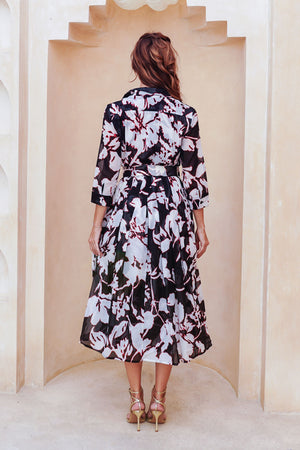 Audrey Dress #4 Shirt Collar 3/4 Sleeve Midi Length Cotton Musola (Hemingway Flower Ground)