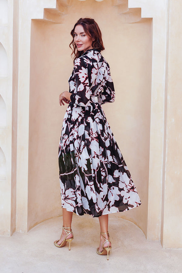 Audrey Dress #4 Shirt Collar 3/4 Sleeve Midi Length Cotton Musola (Hemingway Flower Ground)