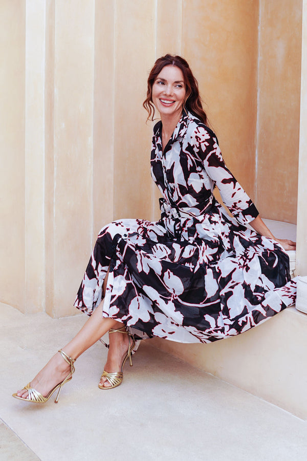 Audrey Dress #4 Shirt Collar 3/4 Sleeve Midi Length Cotton Musola (Hemingway Flower Ground)