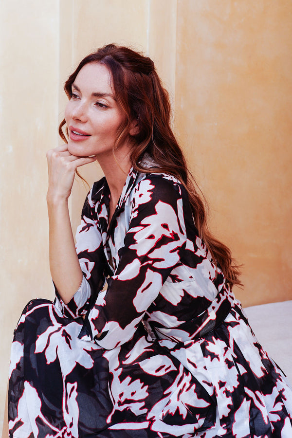 Audrey Dress #4 Shirt Collar 3/4 Sleeve Midi Length Cotton Musola (Hemingway Flower Ground)