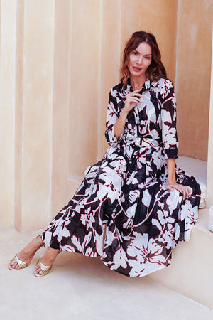 Audrey Dress #4 Shirt Collar 3/4 Sleeve Midi Length Cotton Musola (Hemingway Flower Ground)