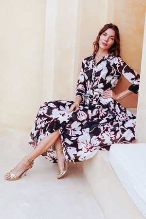 Audrey Dress #4 Shirt Collar 3/4 Sleeve Midi Length Cotton Musola (Hemingway Flower Ground)