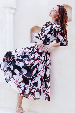 Audrey Dress #4 Shirt Collar 3/4 Sleeve Midi Length Cotton Musola (Hemingway Flower Ground)