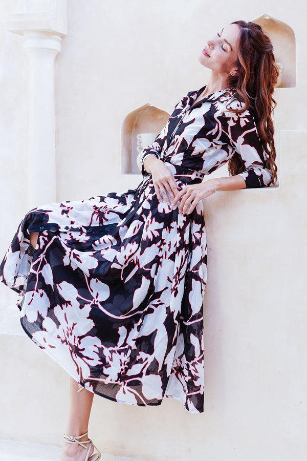 Audrey Dress #4 Shirt Collar 3/4 Sleeve Midi Length Cotton Musola (Hemingway Flower Ground)