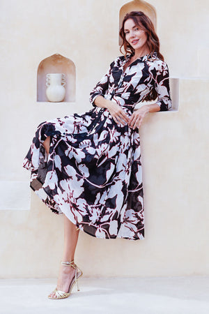 Audrey Dress #4 Shirt Collar 3/4 Sleeve Midi Length Cotton Musola (Hemingway Flower Ground)