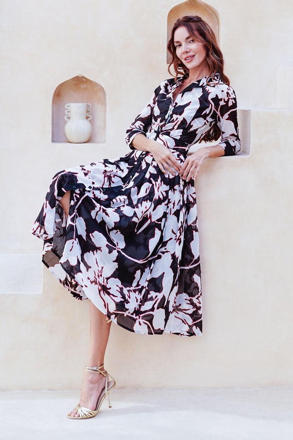 Audrey Dress #4 Shirt Collar 3/4 Sleeve Midi Length Cotton Musola (Hemingway Flower Ground)