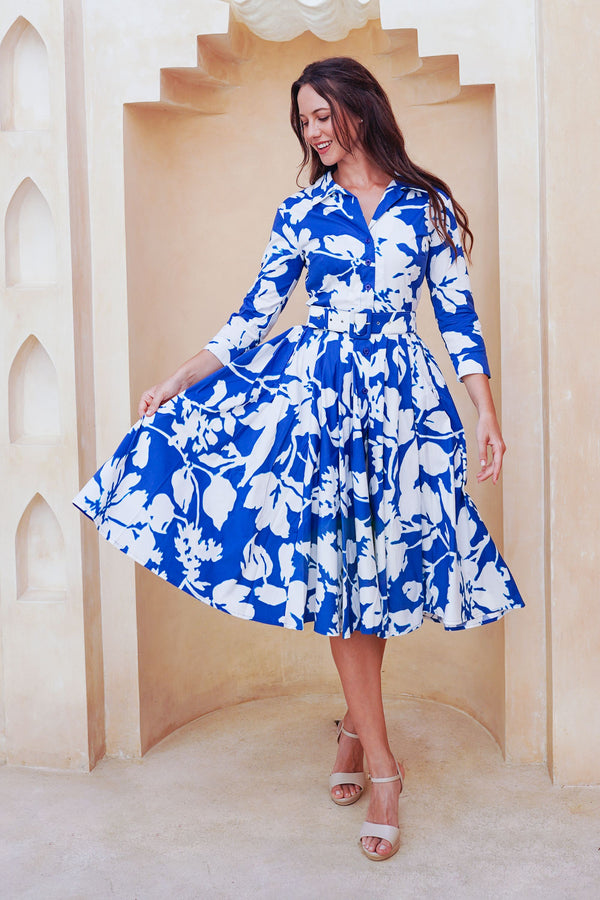 Laurent Dress Shirt Collar 3/4 Sleeve Long Length Cotton Stretch (Hemingway Flower Ground)