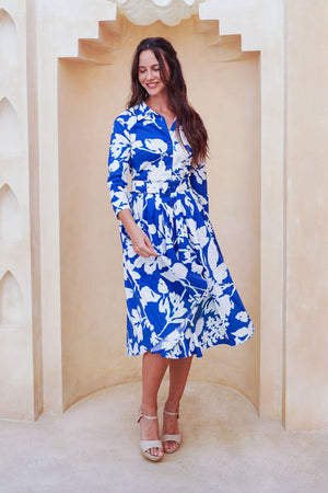 Laurent Dress Shirt Collar 3/4 Sleeve Long Length Cotton Stretch (Hemingway Flower Ground)