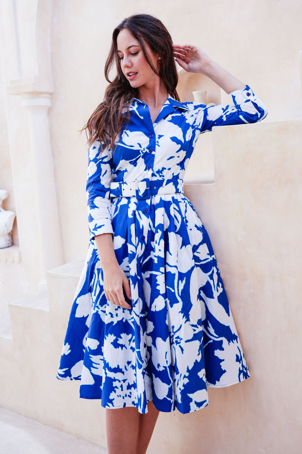 Laurent Dress Shirt Collar 3/4 Sleeve Long Length Cotton Stretch (Hemingway Flower Ground)