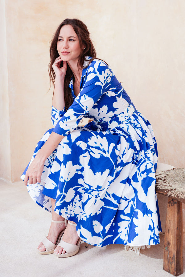 Laurent Dress Shirt Collar 3/4 Sleeve Long Length Cotton Stretch (Hemingway Flower Ground)