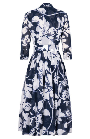 Aster Dress Shirt Collar 3/4 Sleeve Midi Length Cotton Musola (Hemingway Flower Ground)