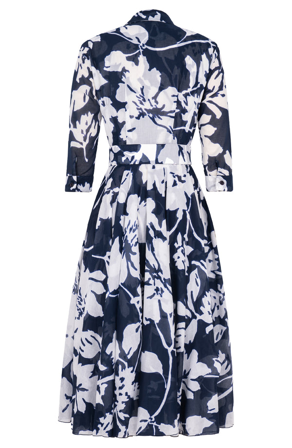 Aster Dress Shirt Collar 3/4 Sleeve Midi Length Cotton Musola (Hemingway Flower Ground)