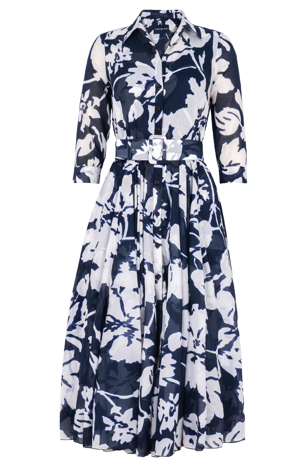 Aster Dress Shirt Collar 3/4 Sleeve Midi Length Cotton Musola (Hemingway Flower Ground)