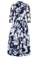 Aster Dress Shirt Collar 3/4 Sleeve Midi Length Cotton Musola (Hemingway Flower Ground)