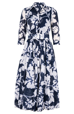 Aster Dress Shirt Collar 3/4 Sleeve Midi Length Cotton Musola (Hemingway Flower Ground)