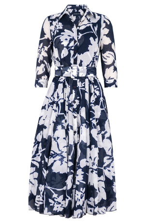 Aster Dress Shirt Collar 3/4 Sleeve Midi Length Cotton Musola (Hemingway Flower Ground)