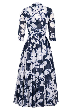 Aster Dress Shirt Collar 3/4 Sleeve Midi Plus Length Cotton Musola (Hemingway Flower Ground)