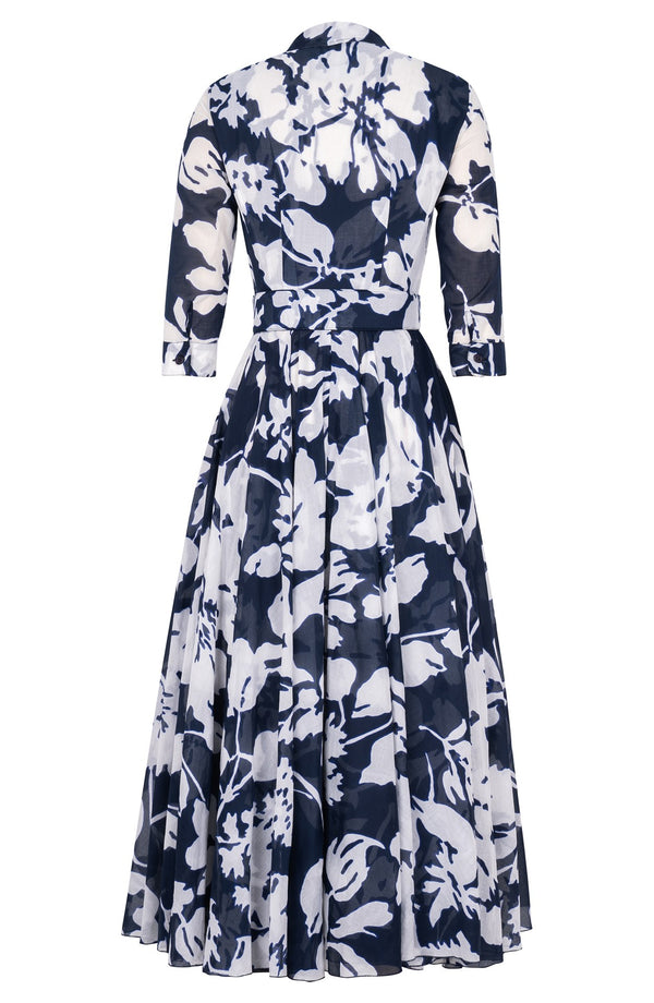Aster Dress Shirt Collar 3/4 Sleeve Midi Plus Length Cotton Musola (Hemingway Flower Ground)