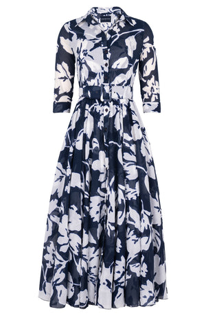 Aster Dress Shirt Collar 3/4 Sleeve Midi Plus Length Cotton Musola (Hemingway Flower Ground)