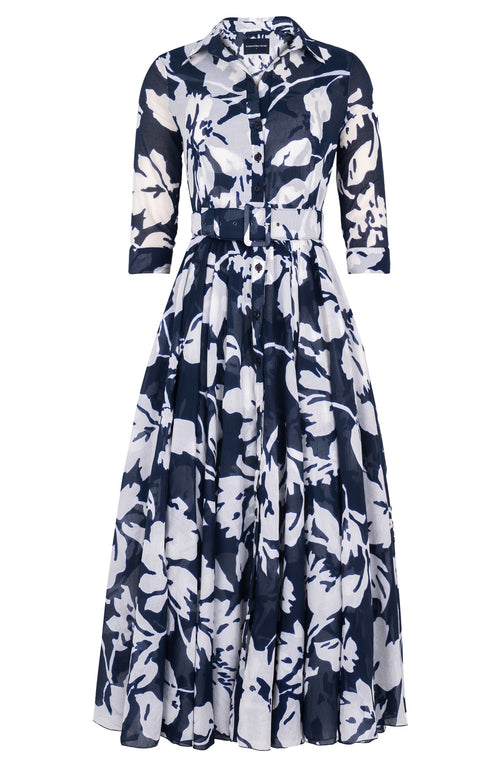 Aster Dress Shirt Collar 3/4 Sleeve Midi Plus Length Cotton Musola (Hemingway Flower Ground)
