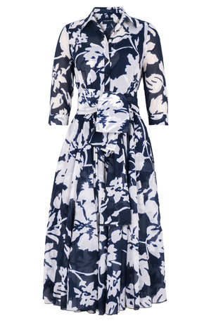 Aster Dress Shirt Collar 3/4 Sleeve Midi Length Cotton Musola (Hemingway Flower Ground)