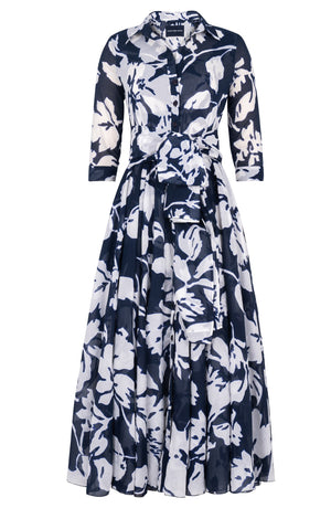 Aster Dress Shirt Collar 3/4 Sleeve Midi Plus Length Cotton Musola (Hemingway Flower Ground)