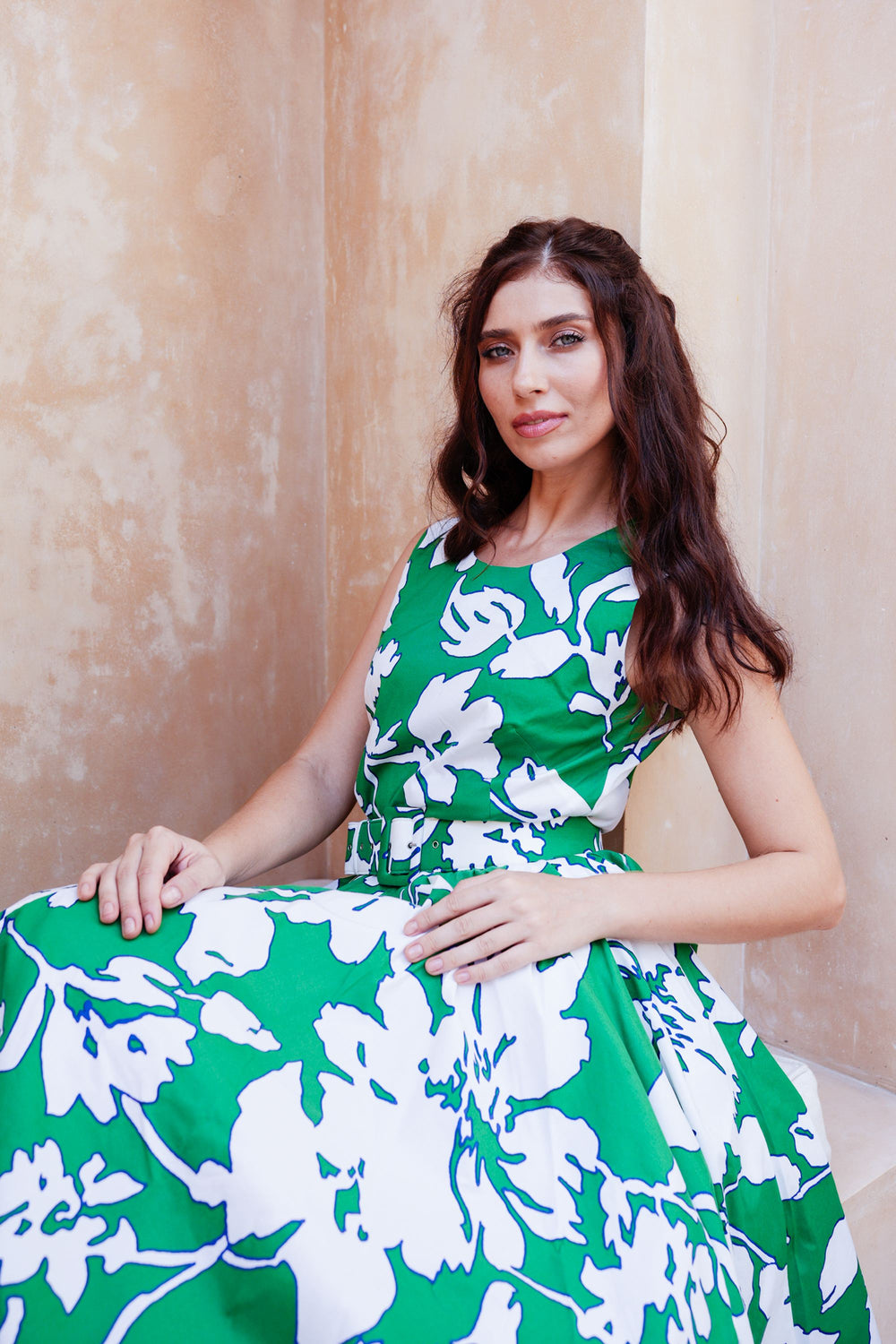 Abelia Dress Crew Neck Sleeveless Midi Length Cotton Stretch (Hemingway Flower Ground)