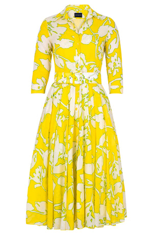 Aster Dress Shirt Collar 3/4 Sleeve Midi Length Cotton Musola (Hemingway Flower Ground)