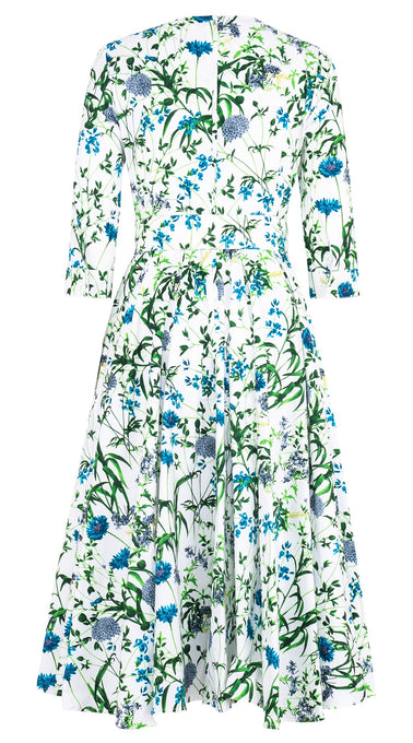 Abelia Dress V Neck 3/4 Sleeve Midi Length Cotton Stretch (Hempstead Flower)