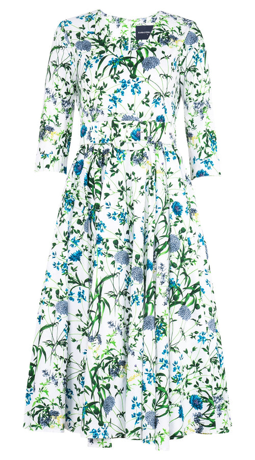 Abelia Dress V Neck 3/4 Sleeve Midi Length Cotton Stretch (Hempstead Flower)