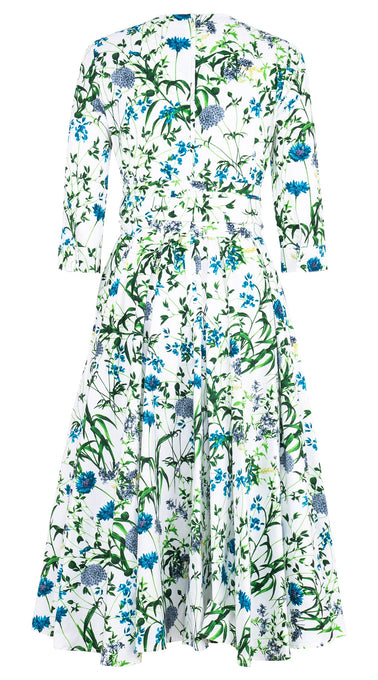 Abelia Dress V Neck 3/4 Sleeve Midi Length Cotton Stretch (Hempstead Flower)