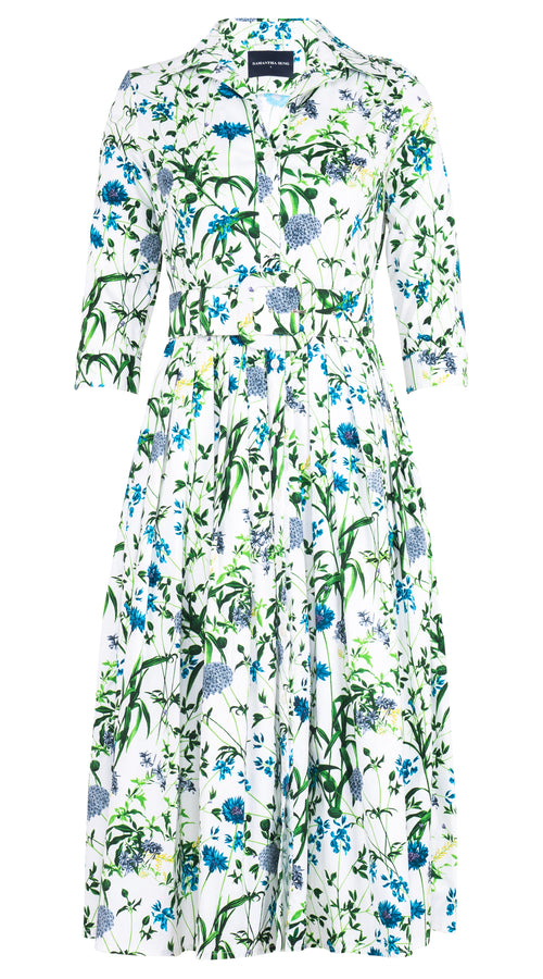 Audrey Dress #2 Shirt Collar 3/4 Sleeve Long Length Cotton Stretch (Hempstead Flower)