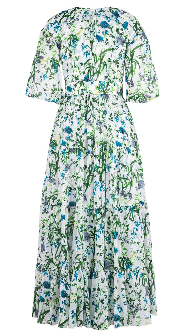 Eva Dress Crew Neck Tie 3/4 Sleeve Maxi Length Cotton Musola (Hempstead Flower)