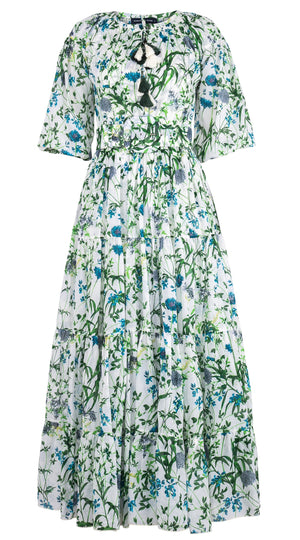 Eva Dress Crew Neck Tie 3/4 Sleeve Maxi Length Cotton Musola (Hempstead Flower)
