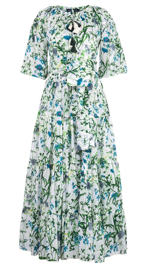 Eva Dress Crew Neck Tie 3/4 Sleeve Maxi Length Cotton Musola (Hempstead Flower)