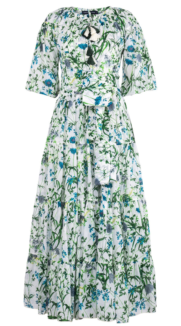 Eva Dress Crew Neck Tie 3/4 Sleeve Maxi Length Cotton Musola (Hempstead Flower)