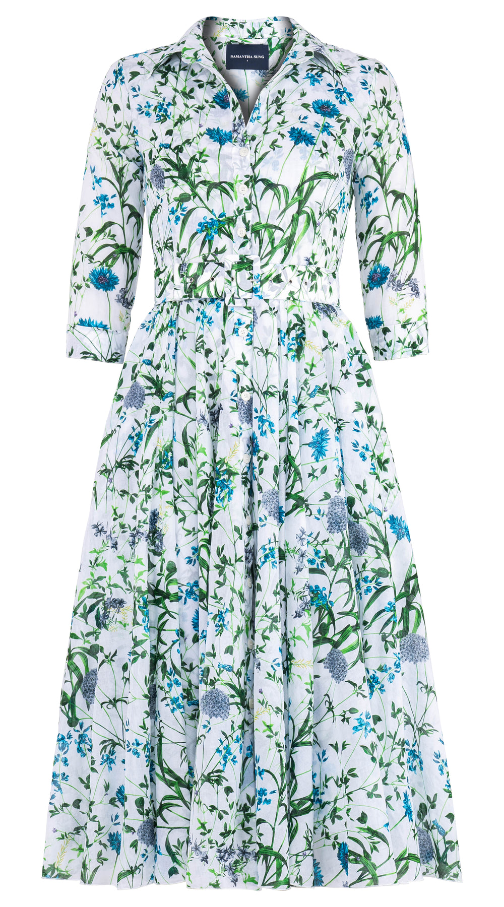 Aster Dress Shirt Collar 3/4 Sleeve Midi Length Cotton Musola (Hempstead Flower)