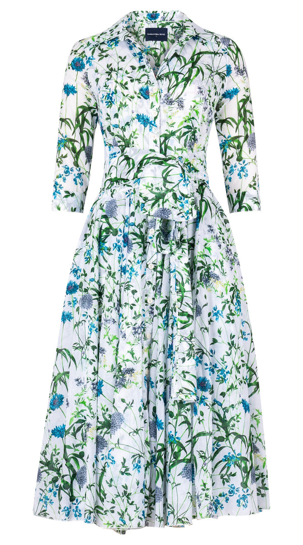 Aster Dress Shirt Collar 3/4 Sleeve Midi Length Cotton Musola (Hempstead Flower)