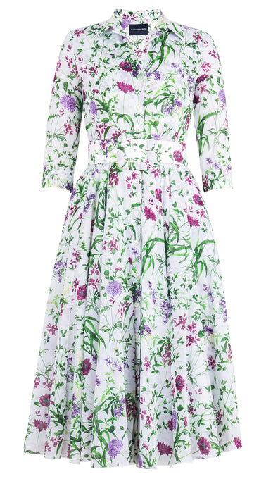 Aster Dress Shirt Collar 3/4 Sleeve Midi Length Cotton Musola (Hempstead Flower)
