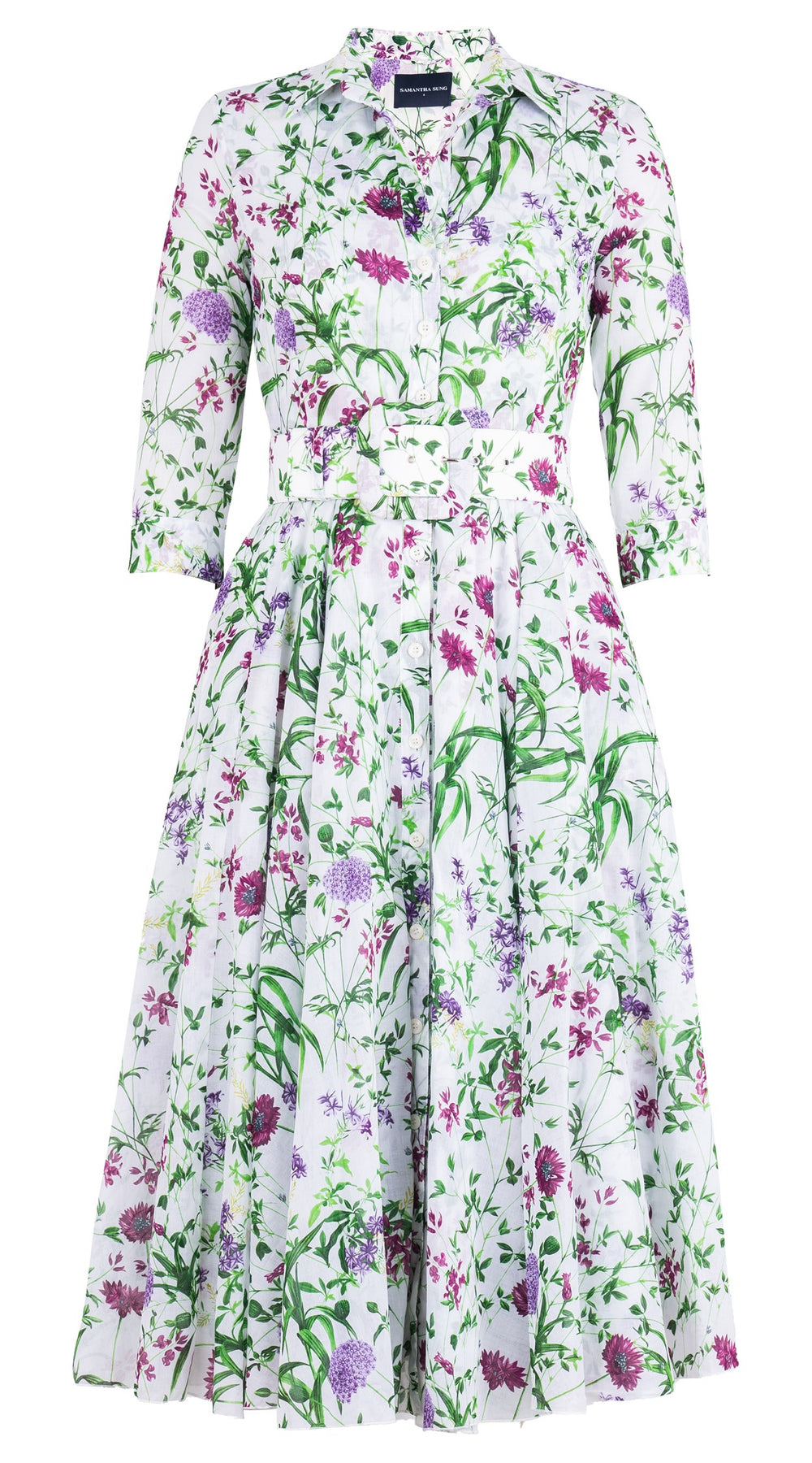 Aster Dress Shirt Collar 3/4 Sleeve Midi Length Cotton Musola (Hempstead Flower)