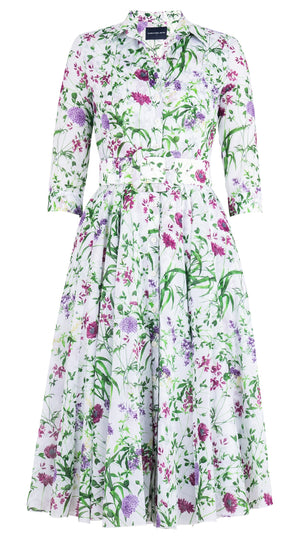 Aster Dress Shirt Collar 3/4 Sleeve Midi Length Cotton Musola (Hempstead Flower)