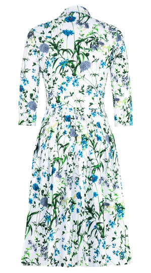 Audrey Dress #2 Shirt Collar 3/4 Sleeve Long Length Cotton Stretch (Hempstead Flower) - White Blue