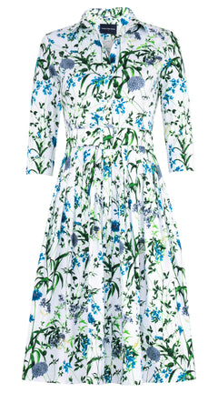 Audrey Dress #2 Shirt Collar 3/4 Sleeve Long Length Cotton Stretch (Hempstead Flower) - White Blue