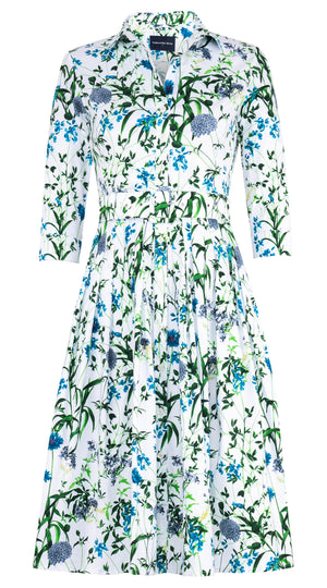 Audrey Dress #2 Shirt Collar 3/4 Sleeve Long Length Cotton Stretch (Hempstead Flower) - White Blue