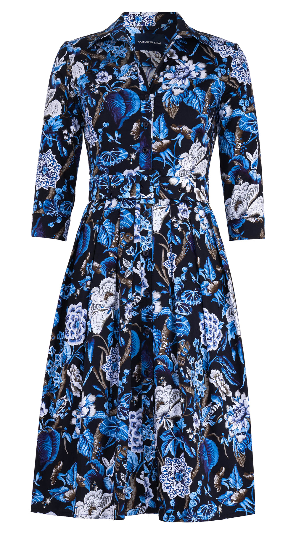 Audrey Dress #1 Shirt Collar 3/4 Sleeve Long Length Cotton Stretch (Hill Garden Ground)